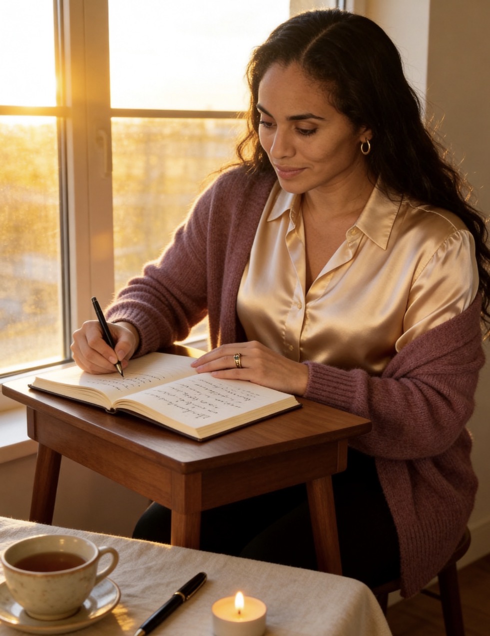 A woman writing in a journal for Authored by Her.